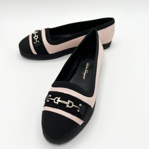 Salvatore Ferragamo Kacy Lamb Leather Pink Black Gancini Ballerina Flats, size 7